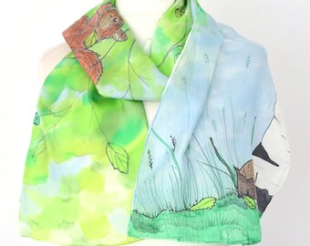 Hedgehog Squirrel Birch Silk Scarf , nature lovers silk scarf