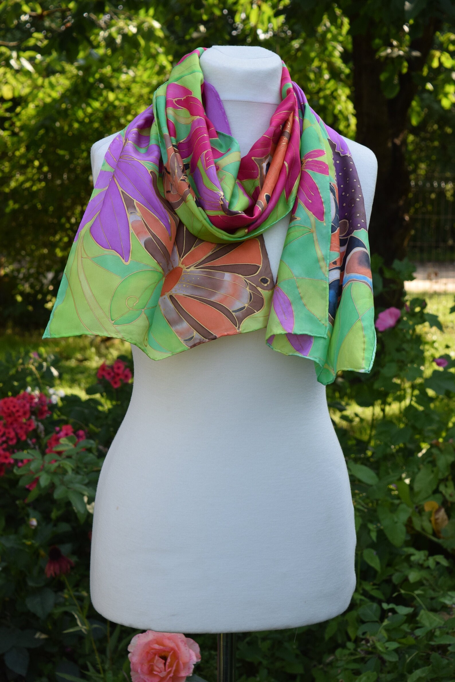 Leafy green hot pink scarf Floral scarf butterfly scarf | Etsy