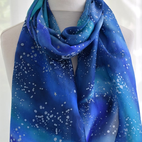 Blue silk scarf, galaxy silk scarf , starry night scarf