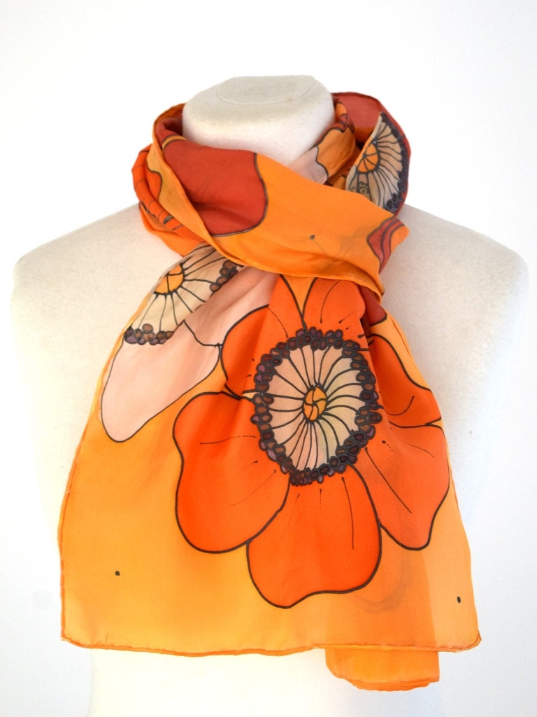 Floral Orange Silk Scarf Flower Scarf Orange Silk Scarf Etsy