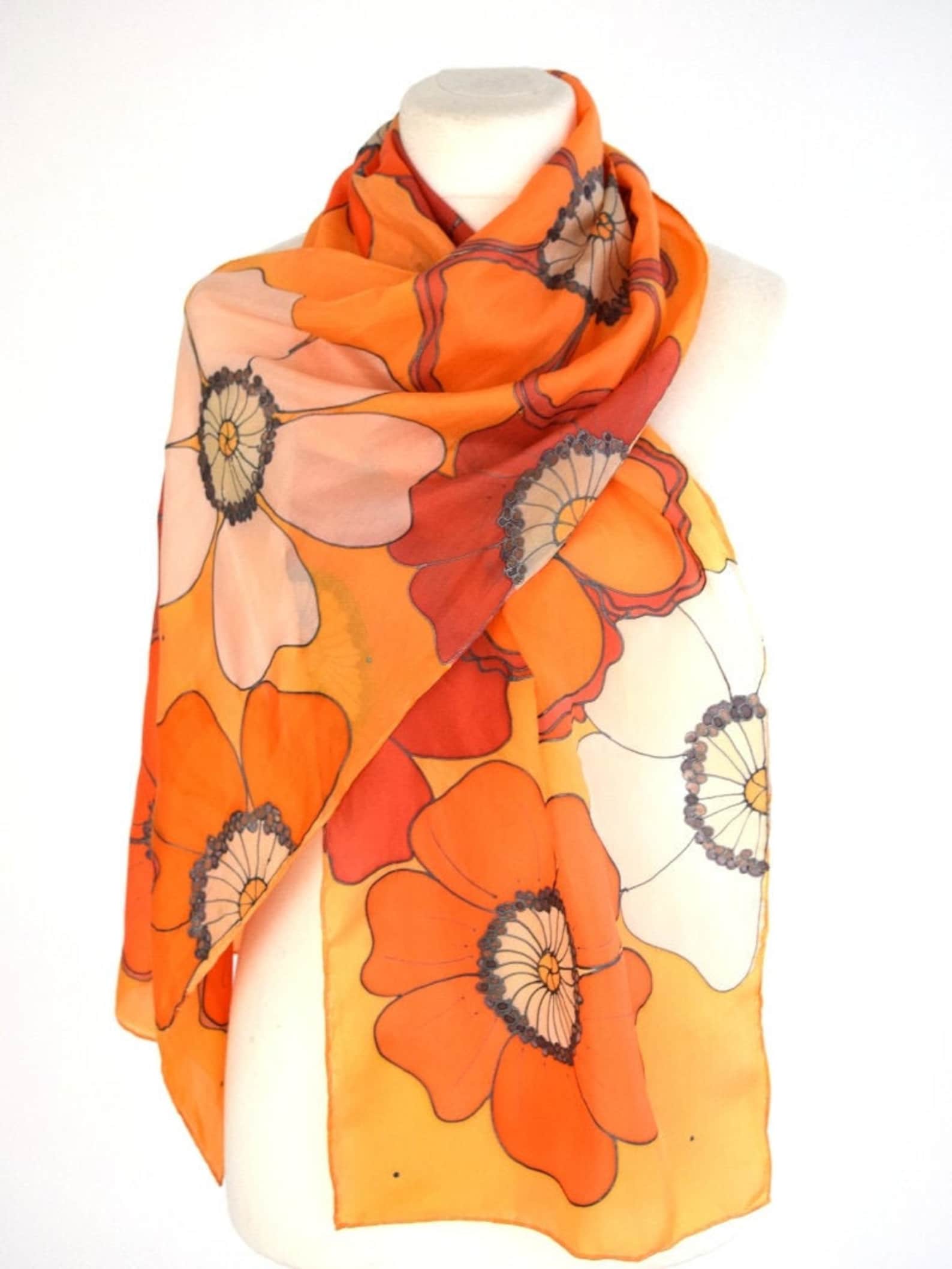 Floral Orange Silk Scarf Flower Scarf Orange Silk Scarf Etsy