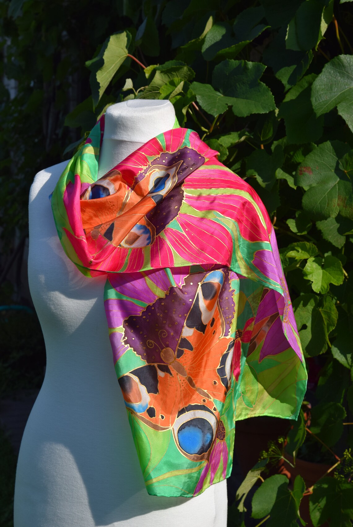 Leafy green hot pink scarf Floral scarf butterfly scarf | Etsy