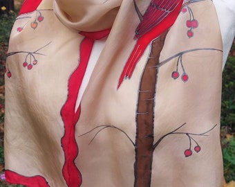 Red cardinal scarf, bird silk scarf, cardinal gift