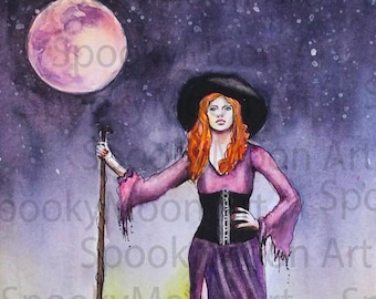 Signed Original Watercolor Redhead Witch Art Painting OOAK