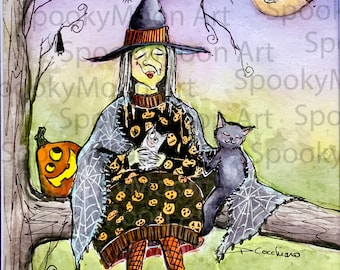 Original Whimsical Halloween Witch Black Cat Watercolor Art Painting, Matted