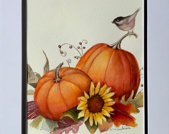 Original Autumn Thanksgiving Watercolor Painting, Pumpkins Fall Decor, Double Matted 11x14