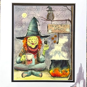 Original Quirky, Whimsical Halloween Witch with Ghosts, Coffee Lover Gift, Watercolor Art Painting, Double Matted.