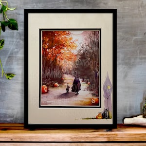 Halloween Art Witch and Black Cat Print with Original Sketch by Artist on Double Mat 11x14 Frame Ready!