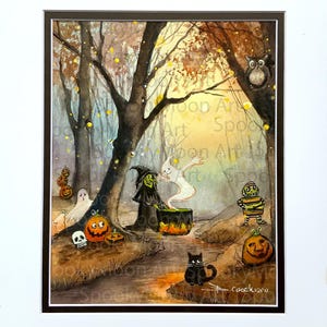 Original Quirky Whimsical Halloween Illustration, Witch, Ghost, Moon Haunted Woods, Hand Painted Watercolor Painting, Double Matted