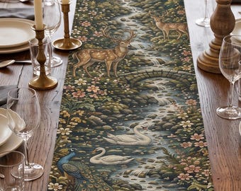 Fairytale Castle Table Runner | Enchanted Forest Tapestry Linen | Whimsical Cottagecore Dining Decor