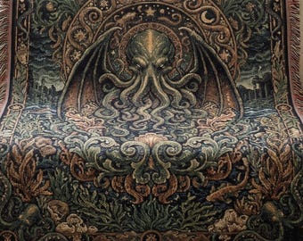Cthulhu Woven Blanket | Cosmic Horror Tapestry Throw | Occult Dark Academia Home Decor