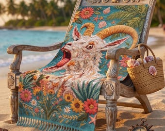 Surreal Psychedelic Goat Blanket | Boho Festival Beach Towel | Unique Quirky Gift