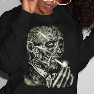 Dark Gothic Horror Sweatshirt | Retro 80s Undead Villain Graphic Pullover | Cult Scary Movie Inspired Streetwear