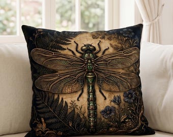 Majestic Dragonfly Pillow Case | Dark Botanical Insect Decor | Vintage Specimen Nature Gift