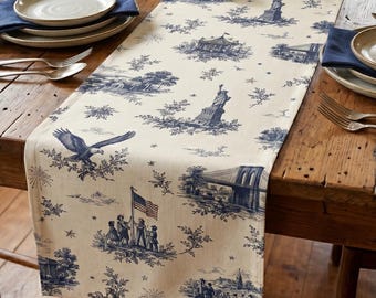 Americana Toile Table Runner | Vintage Patriotic Linen | Historic US Landmark Decor, Independence Day