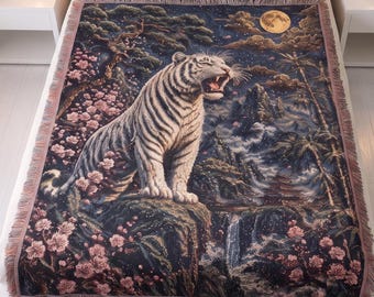Imperial White Tiger Woven Blanket | Japanese Celestial Moon Cherry Blossom Tapestry Throw