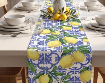 Amalfi Lemon Table Runner | Mediterranean Majolica Tile | Summer Coastal Kitchen Dining Decor