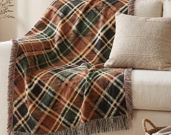 Rustic Tartan Plaid Woven Blanket | Classic Earth Tone Checkered Throw | Cozy Cabin Decor Gift
