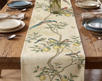 Chinoiserie Lemon Table Runner | Vintage Bird Botanical Linen | Grandmillennial Dining Room Decor
