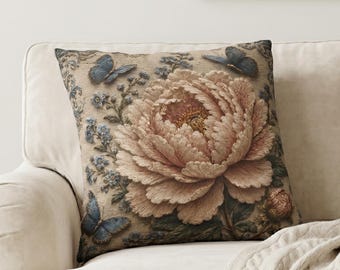 Peony Butterfly Pillow Case, Vintage Botanical Cushion Cover, Cottagecore Grandmillennial Home Gift