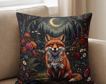 Smiling Fox Pillow Case, Whimsical Woodland Cushion Cover, Celestial Animal Lover Gift