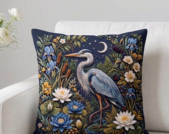 Blue Heron Throw Pillow, Dark Botanical Bird Cushion, Lake House Decor