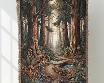 Heirloom Forest Woven Blanket | Dark Academia Cottagecore Throw | Mystic Mushroom Tapestry