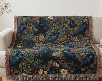 Midnight Crow Woven Blanket | Dark Botanical Raven Tapestry | Gothic Forest Nature Gift