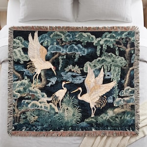 Japanese Crane Woven Blanket | Deep Forest Green Flying Birds Tapestry | Oriental Bedspread