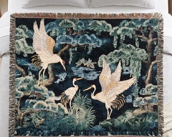 Japanese Crane Woven Blanket | Deep Forest Green Flying Birds Tapestry | Oriental Bedspread
