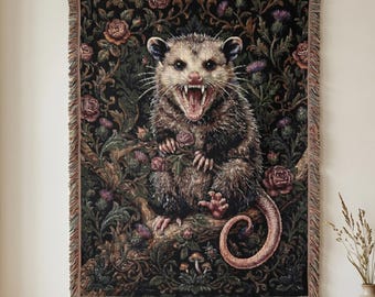 Screaming Opossum Woven Blanket | Dark Cottagecore Tapestry | Vintage Gothic Nature Spirit Gift