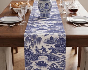 Blue Willow Table Runner | Classic Chinoiserie Toile Linen | Grandmillennial Kitchen Dining Decor