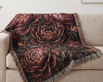 Dark Botanical Peony Woven Blanket | Crimson Rose Gothic Tapestry Throw | Black Bedspread