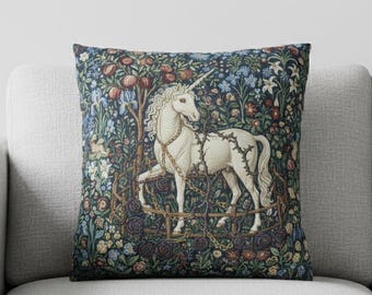 Captive Unicorn Cushion Cover With Insert, Gothic Millefleur Floral Throw Pillow