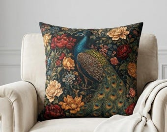 Regal Peacock Floral Pillow Case | Maximalist Botanical Decor | Vintage Bird Nature Gift