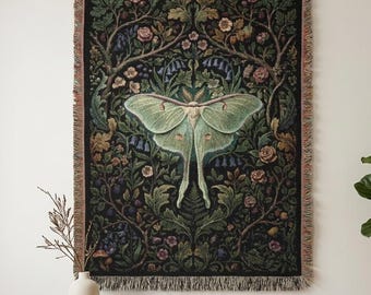 Luna Moth Woven Blanket | Dark Botanical Moon Moth Tapestry | Ethereal Nature Art Gift