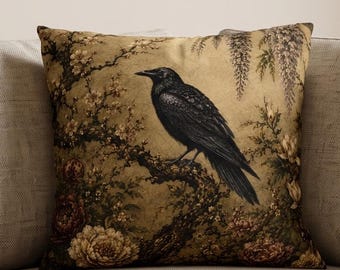 Dark Chinoiserie Raven Pillow Case, Vintage Crow Cushion Cover, Gothic Botanical Gift