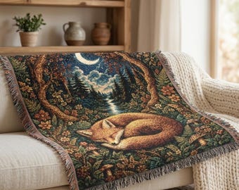 Sleeping Fox Midnight Forest Woven Blanket | Celestial Moon Woodland Celestial Tapestry Throw