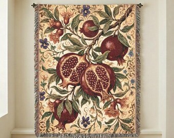 Moody Arts and Crafts Pomegranate Woven Blanket | Dark Botanical Vintage Tapestry Throw