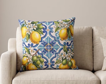 Lemon Mediterranean Pillow Case, Amalfi Coast Cushion Cover, Italian Tile Kitchen Gift