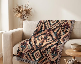 Southwestern Wolf Woven Blanket | Rustic Cabin Native Style Geometric Throw Tapestry