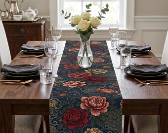 Dark Floral Table Runner | Vintage Gothic Peony Linen | Maximalist Dining Room Decor