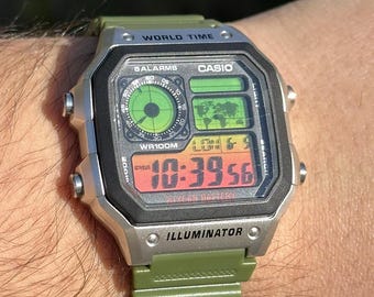 Reloj digital Casio AE1200 personalizado: Edición Olive Recon