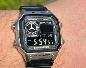 Custom Casio AE1200 Mercedes Digital Watch | World Time Retro Car