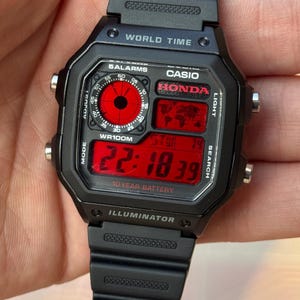 Custom Honda Modified Casio Royale Watch, Red Accents, Digital Display