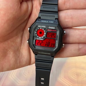 Custom Honda Modified Casio Royale Watch, Red Accents, Digital Display