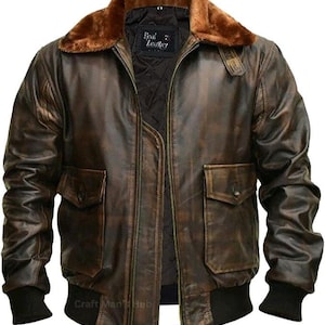 80s Vintage Distressed Brown Leather Bomber Jacket for Men