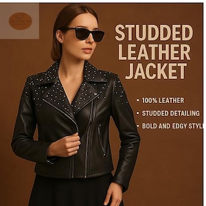Damen Lederjacke mit Nieten in Schwarz und Ingwerbraun - Echtleder Biker-Stil Moto, Mode-Oberbekleidung, kurzer Punkrock-Look Geschenk für sie