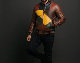 Men's Patchwork Leather Bomber Jacket - Retro Style, Genuine Leather