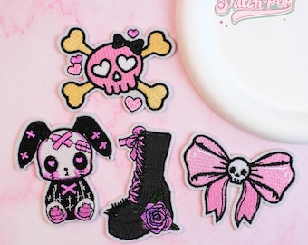 Iron On Cute Gothic Patch Bundle – Skull, Bunny, Platform Boot & Bow Embroidered Set